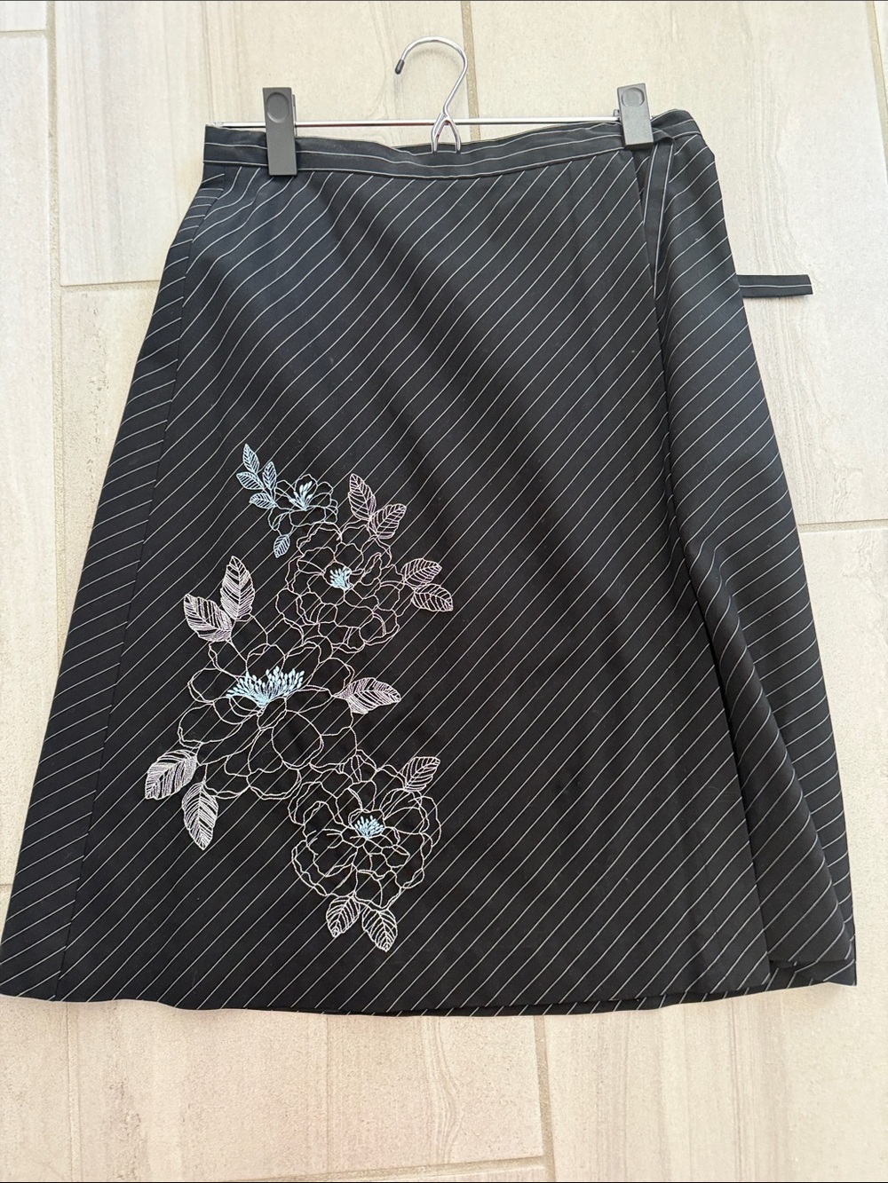 Black Pinstripe Floral Embroidered A-Line Skirt